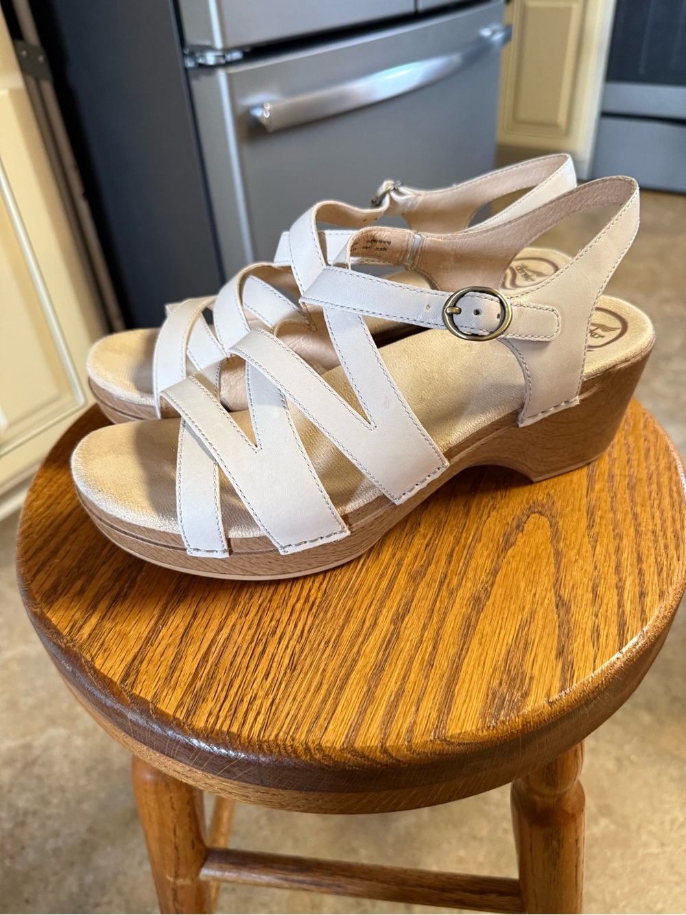 Dansko Cream Leather Strappy Buckle Wedge Sandals